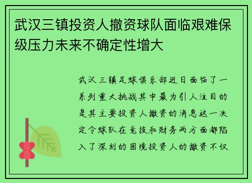 武汉三镇投资人撤资球队面临艰难保级压力未来不确定性增大 武汉三镇投资人撤资球队面临艰难保级压力未来不确定性增大